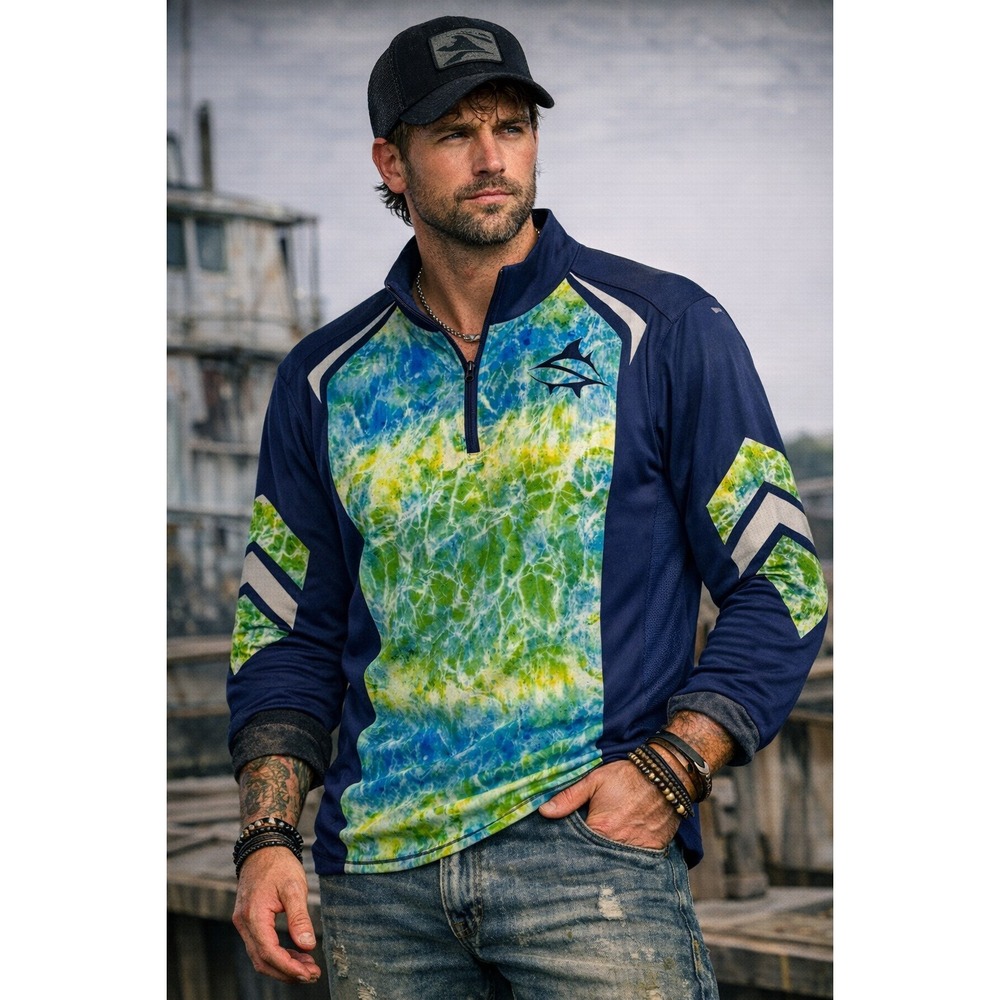 Loco Skailz Mens Long Sleeve 1/4 Zip Performance Fishing Pull-over Lg Blue Green
